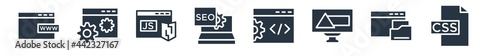 programming filled icons. glyph vector icons such as css file format, archive, program error, seo configuration, seo management, js, web optimization sign isolated on white background.