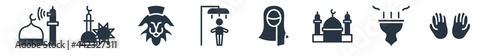 religion filled icons. glyph vector icons such as islamic pray, incense burner, mosque and minaret, hijab veil, islamic ghusl, lion of judah, ramadan sunrise sign isolated on white background.