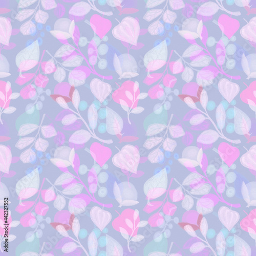 Vegetable autumn seamless pattern, drawing with pastels, colored twigs and berries on a light background.
