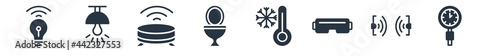 smart house filled icons. glyph vector icons such as meter, sensor, vr technology, freeze, smart toilet, robot vacuum cleaner, illumination sign isolated on white background.