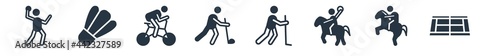 sport filled icons. glyph vector icons such as tennis court, horse racing, horseball, rinkball, hurling, cycling, shuttlecock sign isolated on white background.