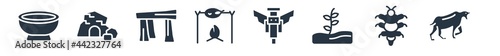 stone age filled icons. glyph vector icons such as saber toothed tiger, arthropod, plant, totem, roast chicken, stonehenge, cave sign isolated on white background.