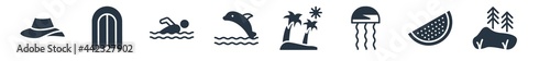 summer filled icons. glyph vector icons such as lake, slice of melon, jellyfish, island, dolphin on water waves, swimming person, air mattress sign isolated on white background.