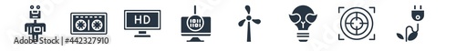 technology filled icons. glyph vector icons such as ecologic electricity, center focus, ecologic bulb, eolic, binary processed mobile analysis, hd monitor, cassette tape sign isolated on white