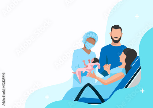 A pregnant woman gives birth to a baby in a maternity hospital. Partner childbirth. Thanks to the doctors and nurses. Vector horizontal illustration on a background with copy space for text.