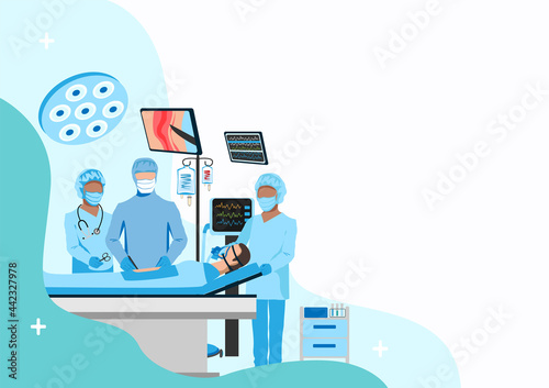 Surgery in the operating room. Medical equipment for surgical operations. Thanks to the doctors and nurses. Vector illustration in flat style with copy space for text.
