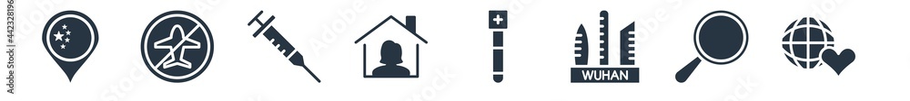 coronavirus prevention filled icons. glyph vector icons such as save the world, loupe, wuhan, blood sample, stayhome, vaccine, no flight sign isolated on white background. coronavirus prevention filled icons. glyph vector icons such as save the world, loupe, wuhan, blood sample, stayhome, vaccine, no flight sign isolated on white background.