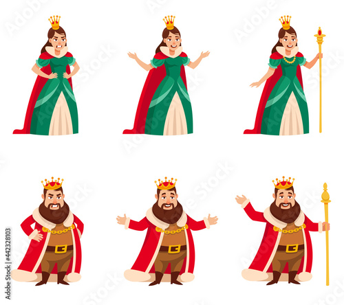 King and quin in different poses. Royal characters in cartoon style.
