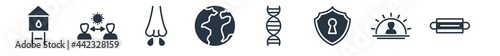 coronavirus prevention filled icons. glyph vector icons such as hygiene mask, isolation, antivirus, dna, world, runny nose, virus transmission sign isolated on white background.
