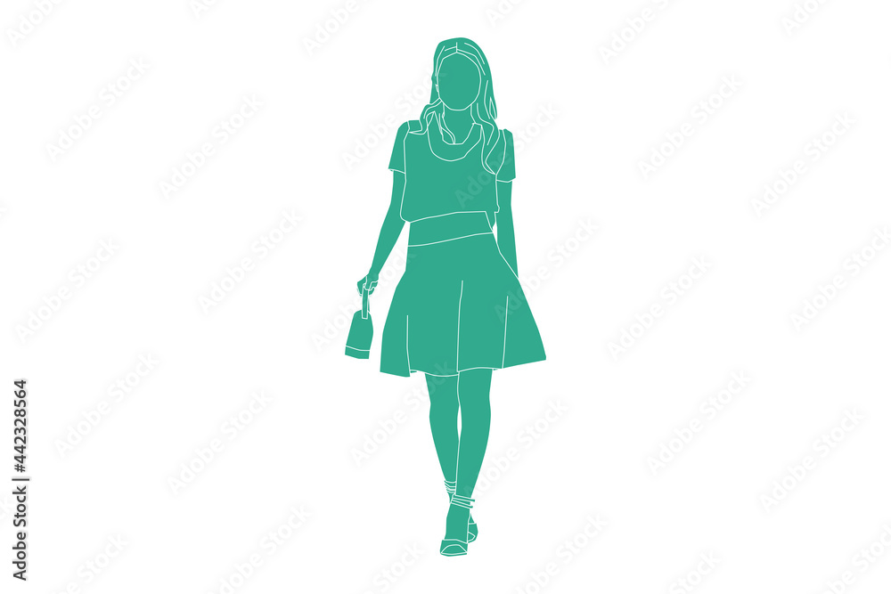 Vector illustration of elegant woman walking on the sideroad, Flat style with outline
