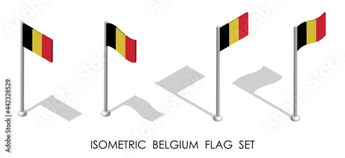 isometric flag of Belgium in static position and in motion on flagpole. 3d vector