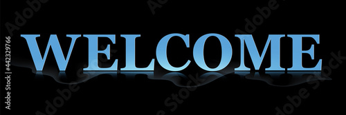 Welcome symbol. A welcome sign on a black background in a haze with a shadow. Greeting, wish, login invitation, logo. Vector illustration in gloss