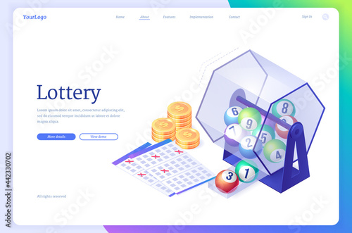 Lottery isometric landing page. Wheel drum machine with lotto balls inside, tickets with crossed lucky numbers and gold coins. Instant win, internet leisure, bingo gambling game, 3d vector web banner