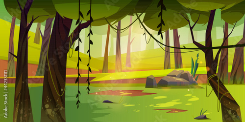 Cartoon forest background, nature landscape with deciduous trees, moss and lianas on trunks and rocks, grass, bushes and sunlight spots on ground. Scenery summer or spring wood, vector illustration