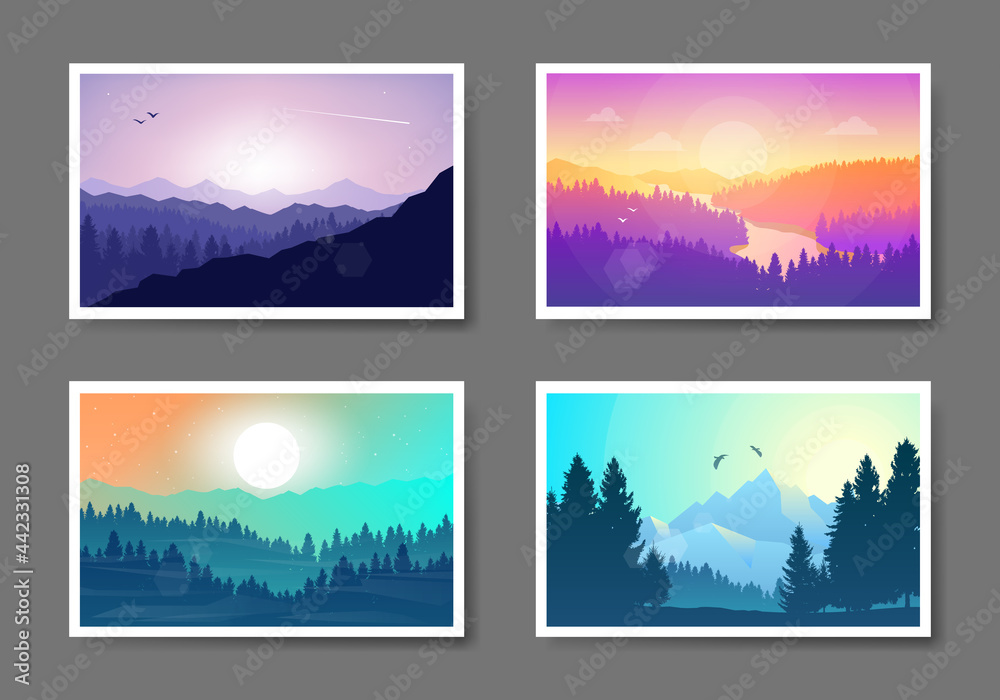 Abstract landscape set, Banners set with polygonal landscape illustration, Minimalist style, Flat design, Travel concept of discovering, exploring, observing nature. Hiking. Adventure tourism.