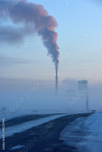 Pipe and smoke  mines of Vorkuta in winter