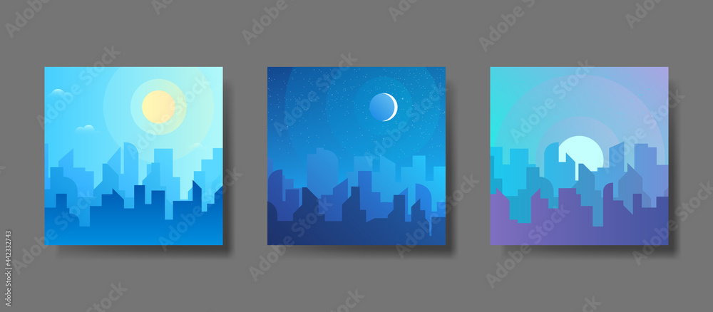 Morning, day and night city skyline landscape, town buildings in different time and urban cityscape town sky. Daytime cityscape. Architecture silhouette background collage set. Flat design