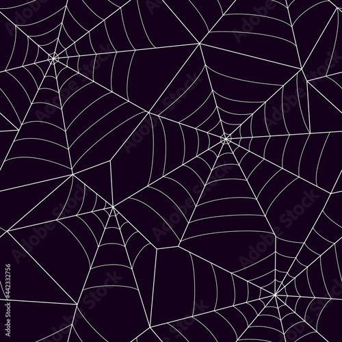 Vector pattern with light gray spider webs on a purple background. Design for the decoration of materials for the Halloween holiday - backgrounds, packaging, fabrics, cards, etc.