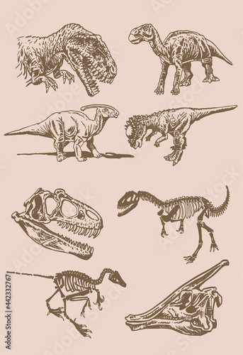 Graphical vintage  paleontological collection, hand-drawn dinosaurs  on sepia background