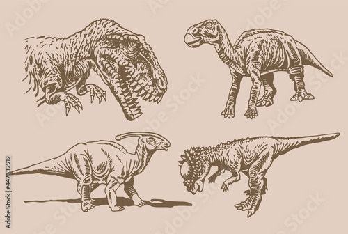 Graphical vintage  paleontological collection, hand-drawn dinosaurs  on sepia background