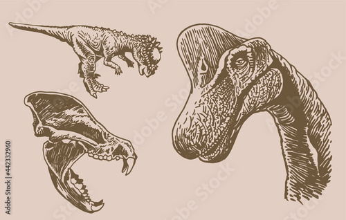 Graphical vintage  paleontological collection, hand-drawn dinosaurs  on sepia background