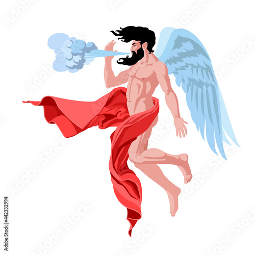 north wind Boreas, Greek god in red drapery, flying on wings, mythological character, weather concept, color vector illustration isolated on white background in cartoon and flat design photo