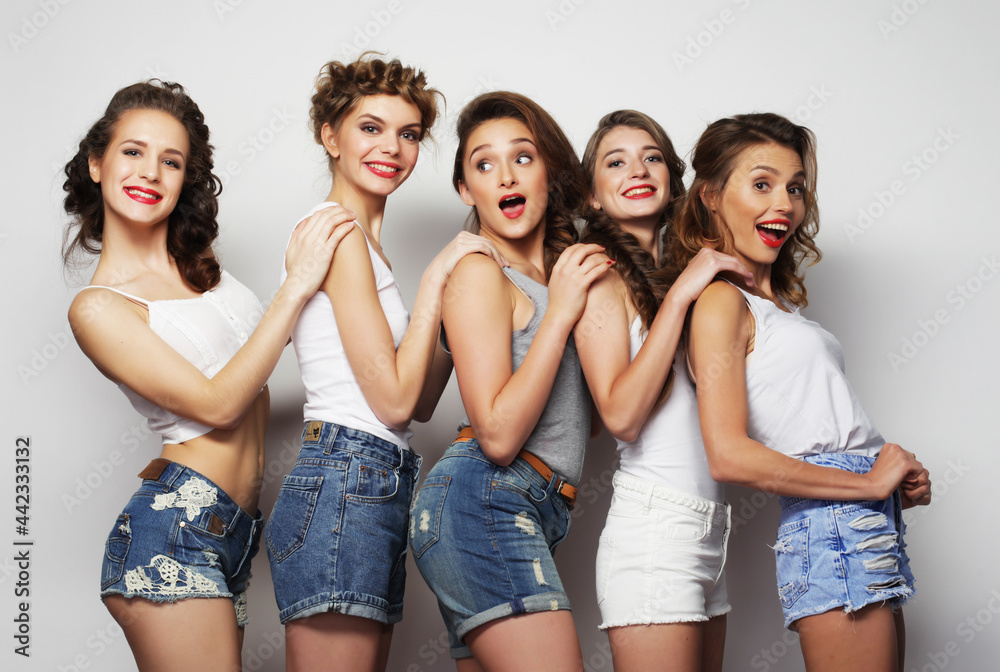 five adorable girls, hipster style, happiness and smiles, the concept of friendship and positive emotions. five adorable girls, hipster style, happiness and smiles, the concept of friendship and positive emotions.