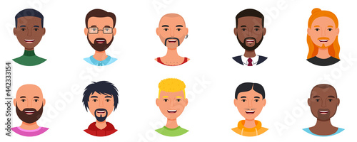 Set of smiling men avatars. men of various unusual appearances. Isolated portraits on a white background.