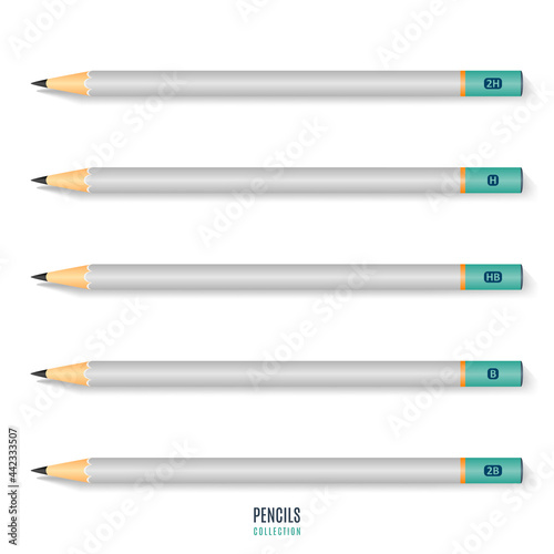 set of realistic sharpened gray pencils with shadow isolated on white background. stationery for drawing and work. vector illustration