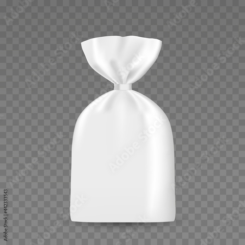 White package mockup with clip. Vector 3d realistic. Blank template. Plastic or cellophane bag packaging isolated on transparent. Ready for your design. EPS10.