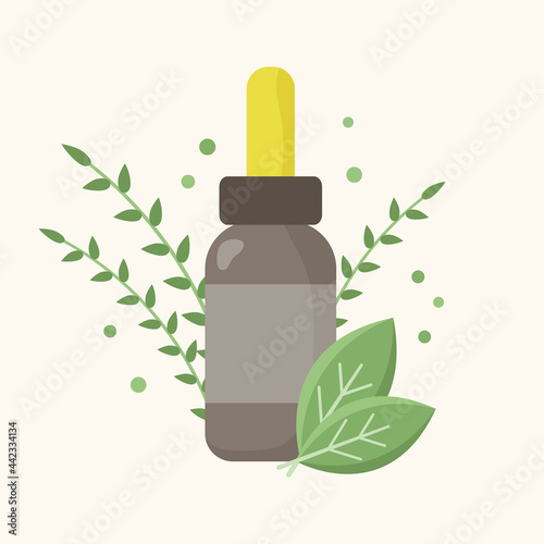 Dropper bottle with healing herbs. Vector illustration