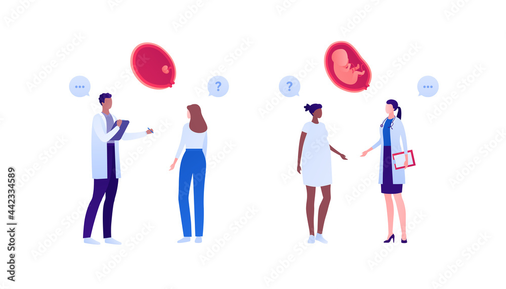 Gynecology checkup, pregnancy and prenatal healthcare concept. Vector flat people illustration. Doctor and patient appointment. Pregnant woman and gynecologist. Fetus, baby in womb and question symbol Gynecology checkup, pregnancy and prenatal healthcare concept. Vector flat people illustration. Doctor and patient appointment. Pregnant woman and gynecologist. Fetus, baby in womb and question symbol