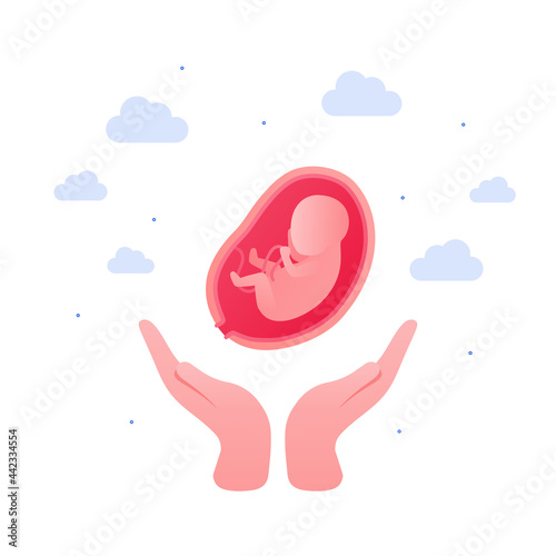 Pregnancy baby care and in vitro fertilization concept. Vector flat healthcare illustration. Human hands hold embryo in womb. Design for healthcare, education.