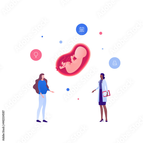 Gynecology checkup, pregnancy and prenatal healthcare concept. Vector flat people illustration. Doctor and patient appointment. Pregnant woman and gynecologist. Baby embryo in womb symbol
