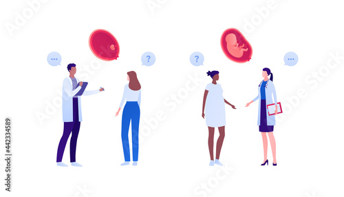 Gynecology checkup, pregnancy and prenatal healthcare concept. Vector flat people illustration. Doctor and patient appointment. Pregnant woman and gynecologist. Fetus, baby in womb and question symbol