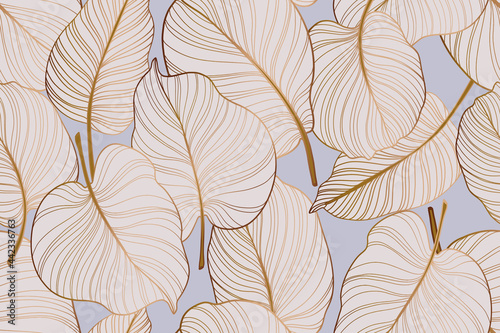 Gold colocasia palm leaves tropical plant seamless pattern , monstera background in violet white pastel color