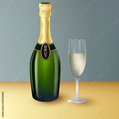 Drinks. A bottle of champagne and a glass. Abstract vector illustration of a bottle of brut champagne with a filled glass on a gray wall background. A sketch for creativity.
