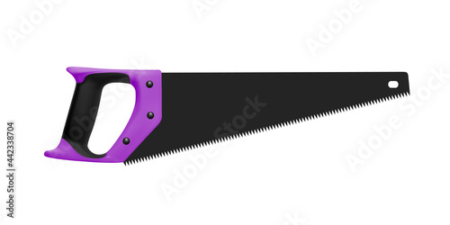Hand hacksaw on wood in the vector side view.Hand saw on wood in a vector on a white background.