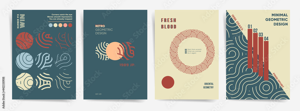 Retro Geometric Circles Poster Design Template Set. Best for poster, web art, brochure, book cover. Modern asian collection geometric shapes elements and abstract waves. Vector minimal illustration.