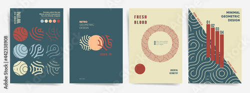 Retro Geometric Circles Poster Design Template Set. Best for poster, web art, brochure, book cover. Modern asian collection geometric shapes elements and abstract waves. Vector minimal illustration.
