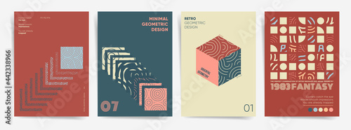 Retro bauhaus geometric poster set. Neo asian wavy geometric collection templates design for book cover, posters, brochure, flyer, business identity and presentation. Retro geometric design layout set