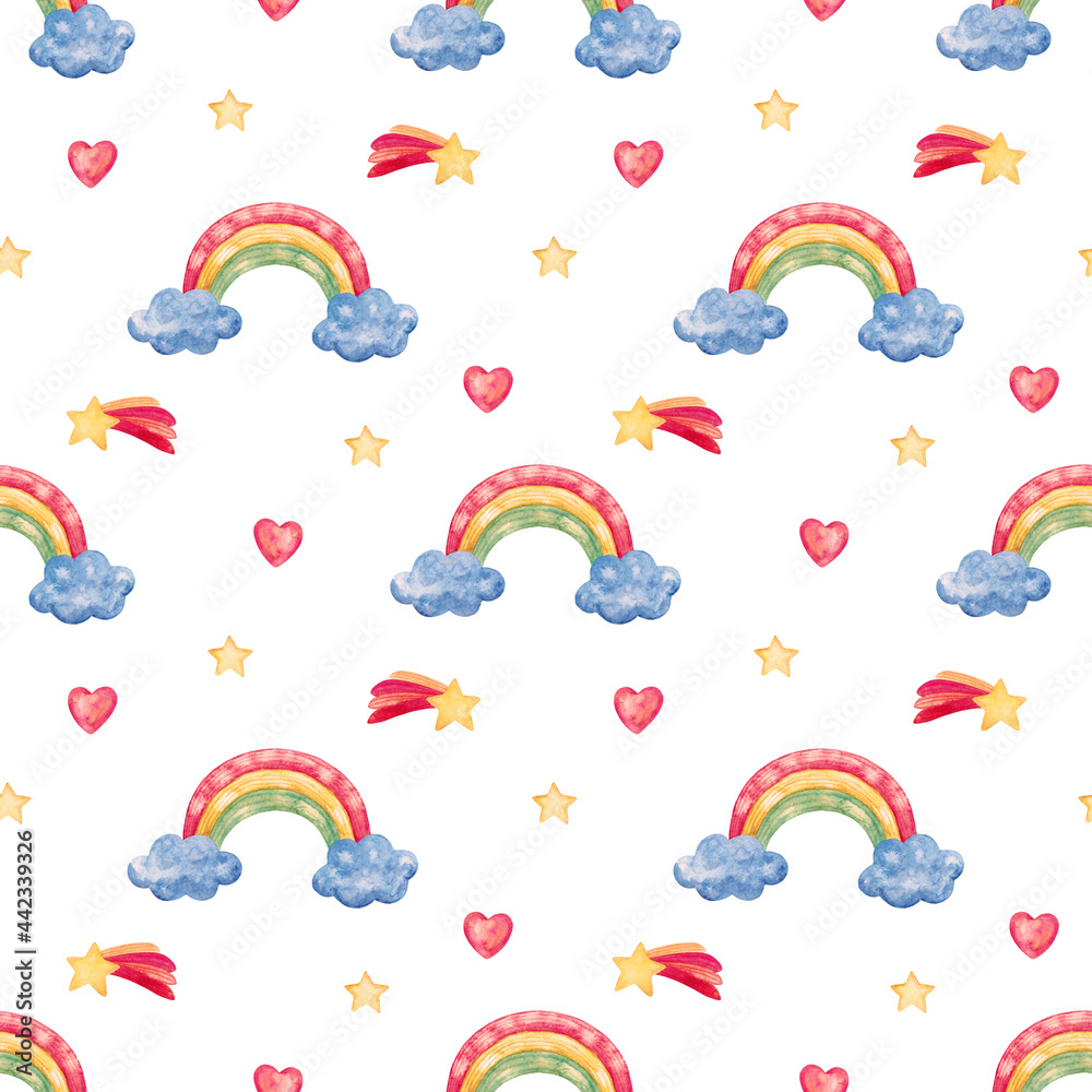 Watercolor seamless pattern with a magical rainbow, clouds and stars on a white background. Illustration for children's textiles and nursery design