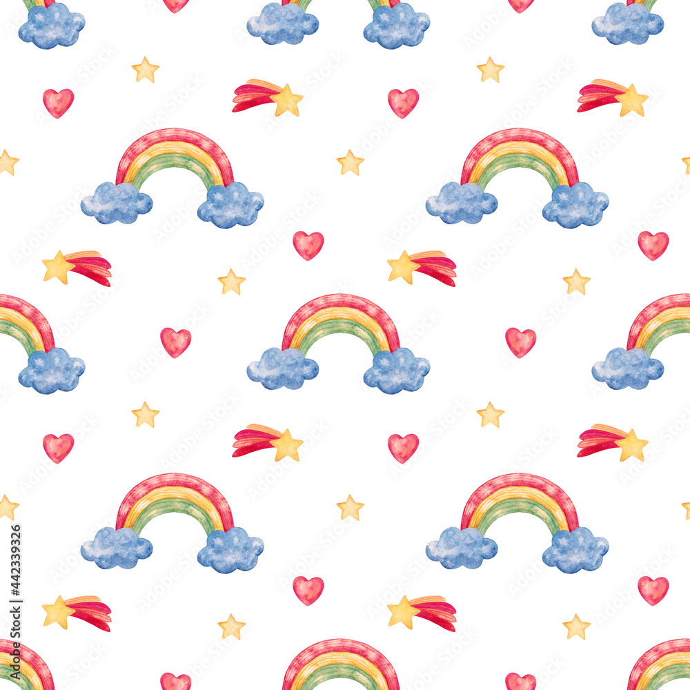 Fototapeta premium Watercolor seamless pattern with a magical rainbow, clouds and stars on a white background. Illustration for children's textiles and nursery design