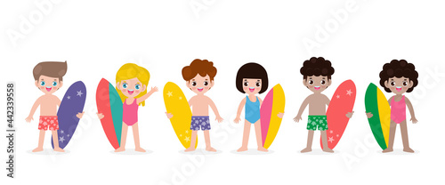summer banner and set of cute surfer children character with surfboard on beach. Happy young surfer on the crest wave, flat vector illustration isolated on white background