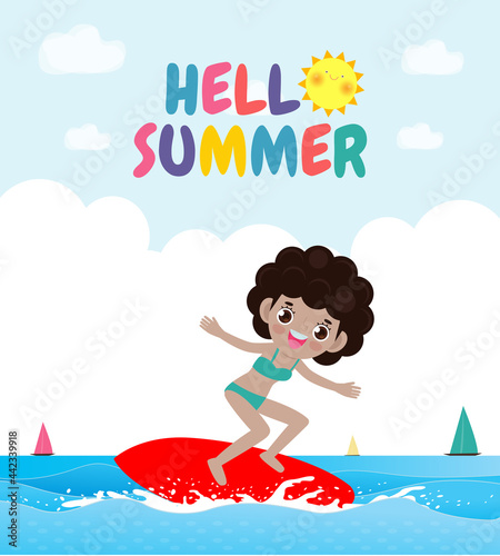 Hello summer banner template cute surfer kid character with surfboard and riding on ocean wave. Happy young surfer on the crest wave, summer time flat vector illustration isolated on background