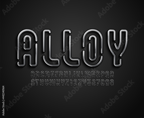 Original Font in the 3d style, dark alphabet, letters and numbers made in metallic style, vector illustration 10eps