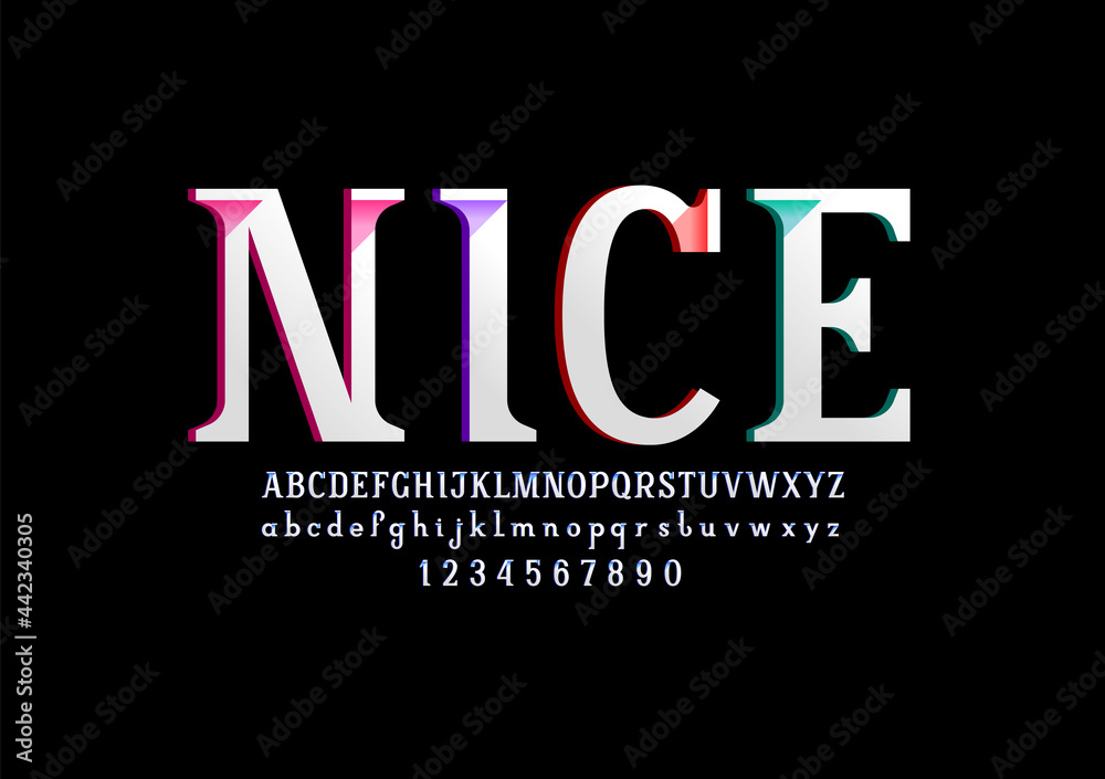 Gypsum slab serif font, modern alphabet with colored shadow, trendy uppercase and lowercase letters and numbers, vector illustration 10EPS