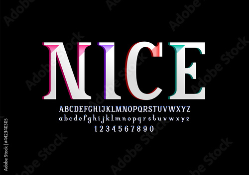 Gypsum slab serif font, modern alphabet with colored shadow, trendy uppercase and lowercase letters and numbers, vector illustration 10EPS