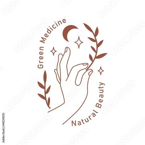 Mystic boho elegant female hands with moon, star, plant in line art. Vector magic symbol isolated on white background. Trendy minimalist signs for design of cosmetics, jewelry, beauty