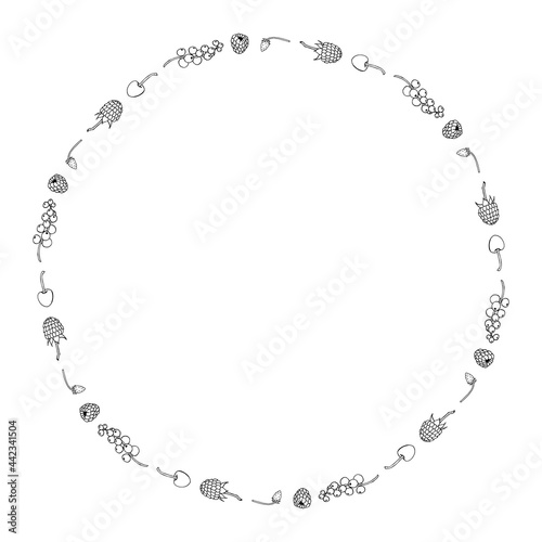 Wallpaper Mural Round frame with black-and-white raspberry, currant, wild strawberries and  cherry on white background. Vector image. Torontodigital.ca